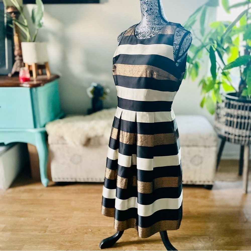 Saks Fifth Avenue Red Label Striped Metallic Pleated A-Line Cocktail Dress, 10 - Picture 10 of 11